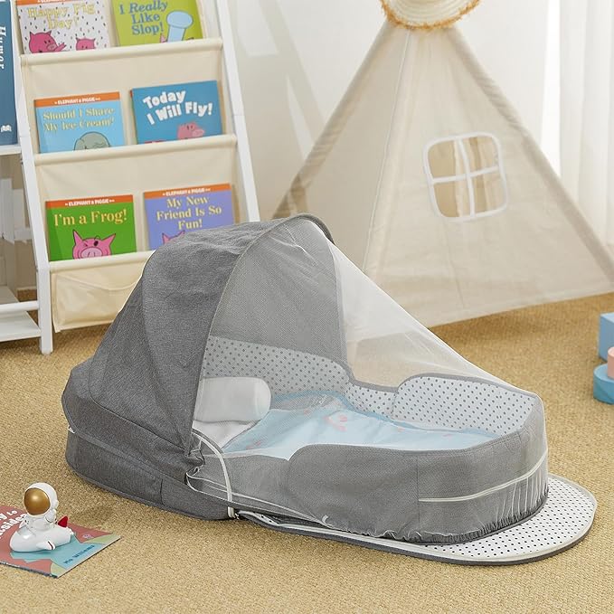 Baby Travel Bassinet Portable Bassinets, Foldable Carry Bag Bassinet Travel Crib, Lightweight Baby Lounger Pod Infant Bed with 2-1 Mosquito & Canopy (Grey)