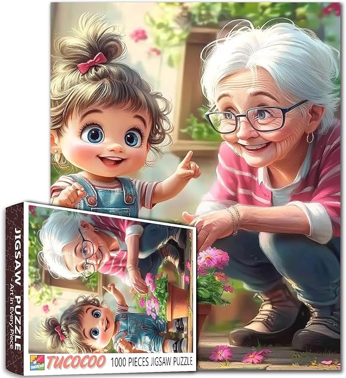 1000 Piece Jigsaw Puzzle for Adults Students Cartoon Style Cute Girl Gardening with Grandma Playing Jigsaws Flowers Colorful Art Home Wall Decor Fun Family Game Gift 20X27 Inches Large Puzzles
