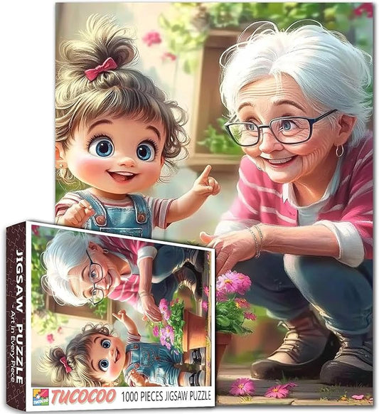 1000 Piece Jigsaw Puzzle for Adults Students Cartoon Style Cute Girl Gardening with Grandma Playing Jigsaws Flowers Colorful Art Home Wall Decor Fun Family Game Gift 20X27 Inches Large Puzzles