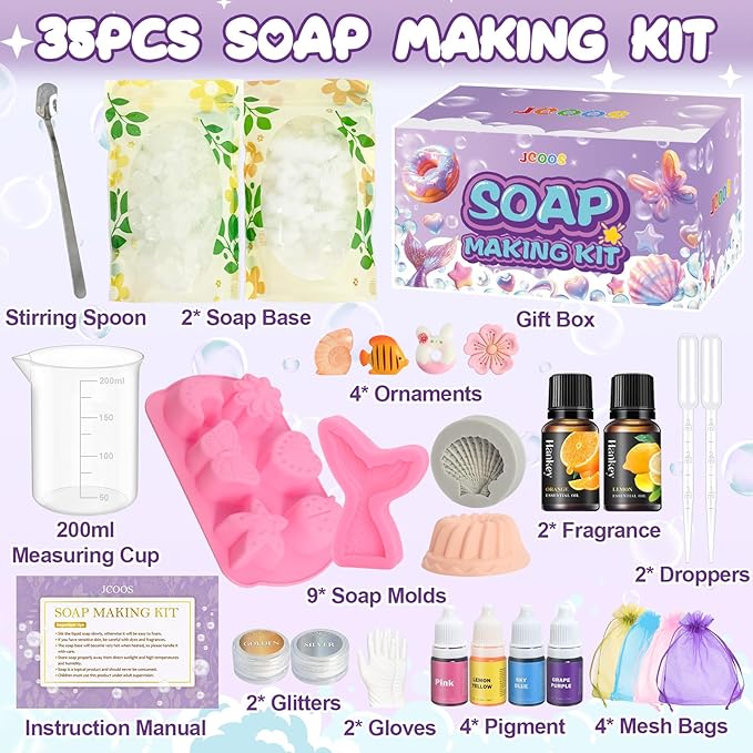 Jcoos Soap Making Kit for Kids, Make Your Own Soap Kit Soap Making Kit Science Kits for Kids, 9 Soap Mold, Soap Base, Scents, Activities Girls Crafts Christmas Gifts