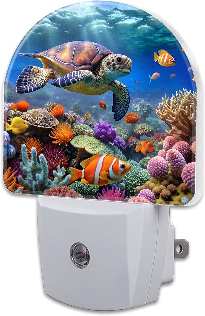 Sea Turtle in Coral Reefs Night Light, Underwater World Marine Fish Corals Dusk to Dawn Night Light Plug in,0.5w Energy Saving Sleep Friendly NightLight for Kids Boys Girls Home Decor