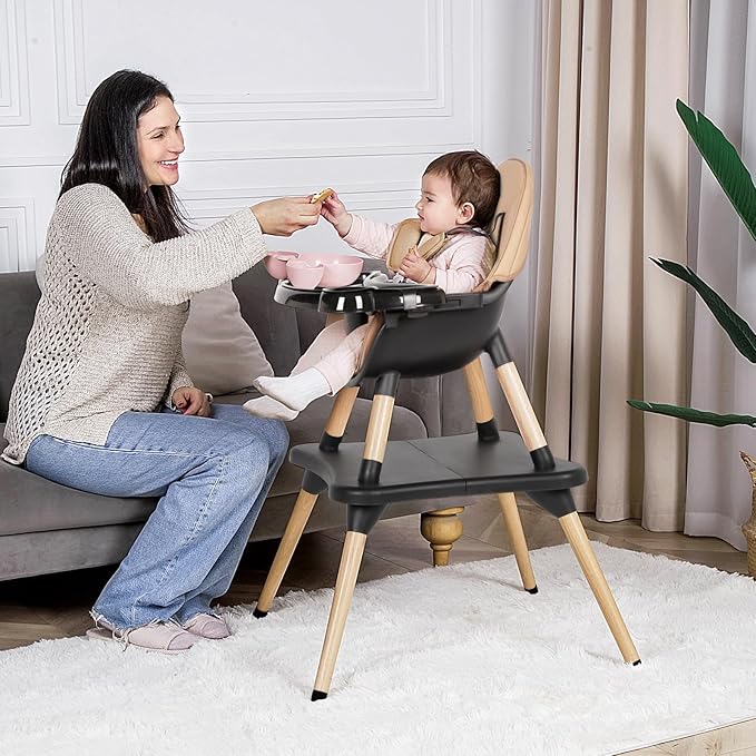 6 in 1 High Chair for Babies & Toddlers, Convertible Wooden Baby Highchair, Table and Chair Set, Baby Feeding Chair, 5-Point Adjustable Harness/4-Position Removable Tray& PU Seat Cushion (Black)