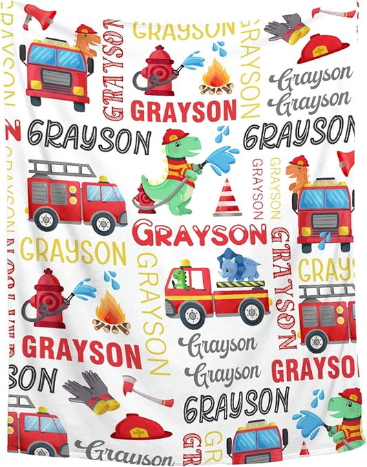 Personalized Baby Blanket for Girls Boys Kids Truck Dinosaur Custom Baby Blanket with Name Throw Birthday Gift for Toddlers Infants Shower Newborns Nursery Stroller Crib Bed Decor