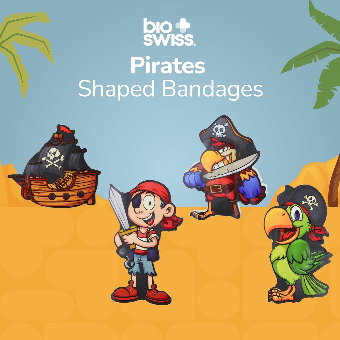 BioSwiss Bandages, Pirate Shaped Self Adhesive Bandage, Latex Free Sterile Wound Care, Fun First Aid Kit Supplies for Kids and Adults, 24 Count