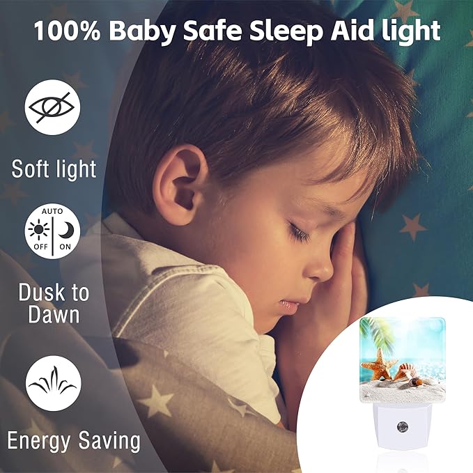 Starfish Seashells on Sand Night Light Plug into Wall, Summer Tropical Beach Ocean Dusk to Dawn Night Light Plug in,0.5w Energy Saving Sleep Friendly NightLight for Kids Boys Girls Home Decor