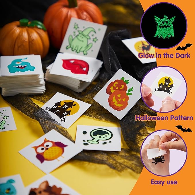 JOYIN 306 Pcs Halloween Tattoos for Kids, Glowing Temporary Tattoos in Assorted Designs Bulk for Child Trick or Treat Gifts Halloween Party Favor Decorations Goodie Bags Supplies Class Game Prizes