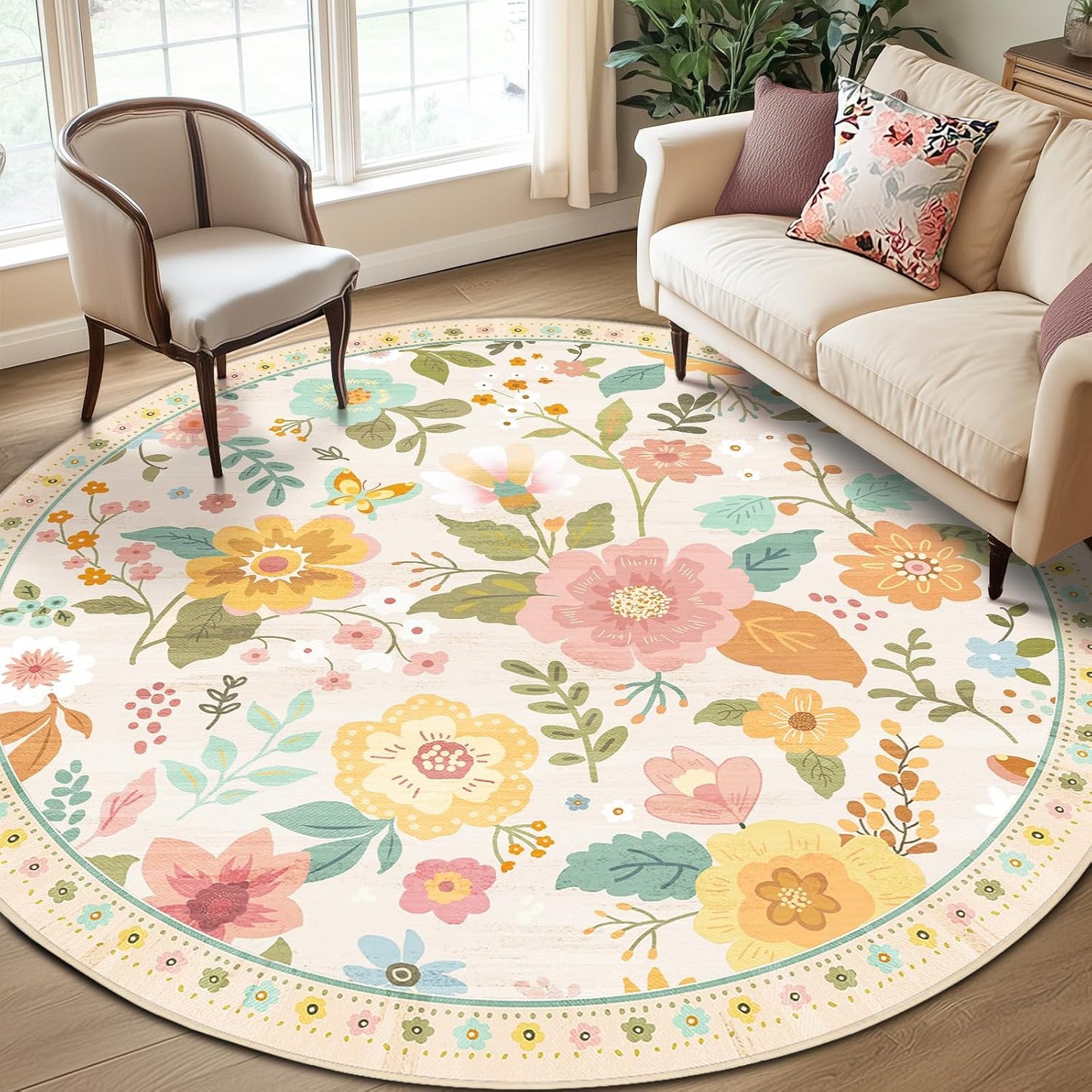 Floral 8ft Area Rug Machine Washable Soft Print Boho Carpet Non Slip Doormat Low Pile Flower Area Rugs for Living Room Bedroom Nursery Kitchen Dining Room Indoor-Beige/White/Orange