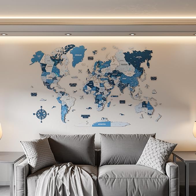 Colorfull Worlds 3D Wooden World Map Wall Art - Premium Multicolored World Travel Map for Wall Decor with Push Pins- Ideal Housewarming Gift & Travel Tracker (XXLarge, Navy)