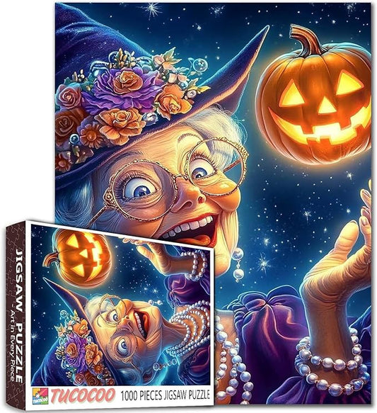 Joyful Grandma Witch with Glowing Pumpkin 1000 Piece Jigsaw Puzzle for Adults Students 20×27 Inches Halloween Starry Sky Happy Elderly Woman Magical Night Home Decor Puzzle Fun Gift for Fall