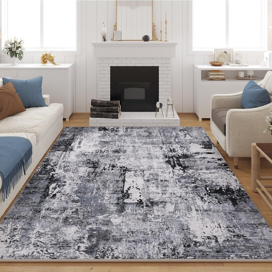 9x12 Rug Washable Boho Rug Soft Large Area Rug Non-Slip Non-Shedding Faux Wool Vintage Rug for Living Room, Farmhouse, Dining Room, Indoor, Kids Playroom, Grey and Black
