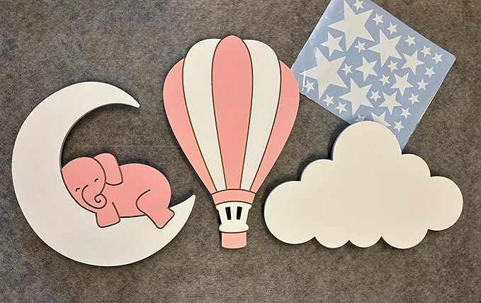 Dreamy Skies Nursery Wall Set – Elephant on Moon, Hot Air Balloon & Star Stickers Pink Style Girls Room Decor