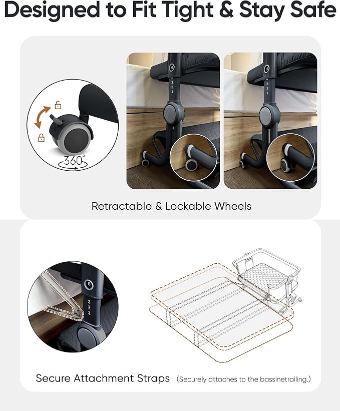 KRIDDO 2-in-1 Baby Bassinet for Infant, Bedside Bassinet with All-Around Breathable Mesh, Lockable Wheels, Adjustable Height and Incline, Bedside Sleeper for Baby with Large Storage Basket, Dark Grey