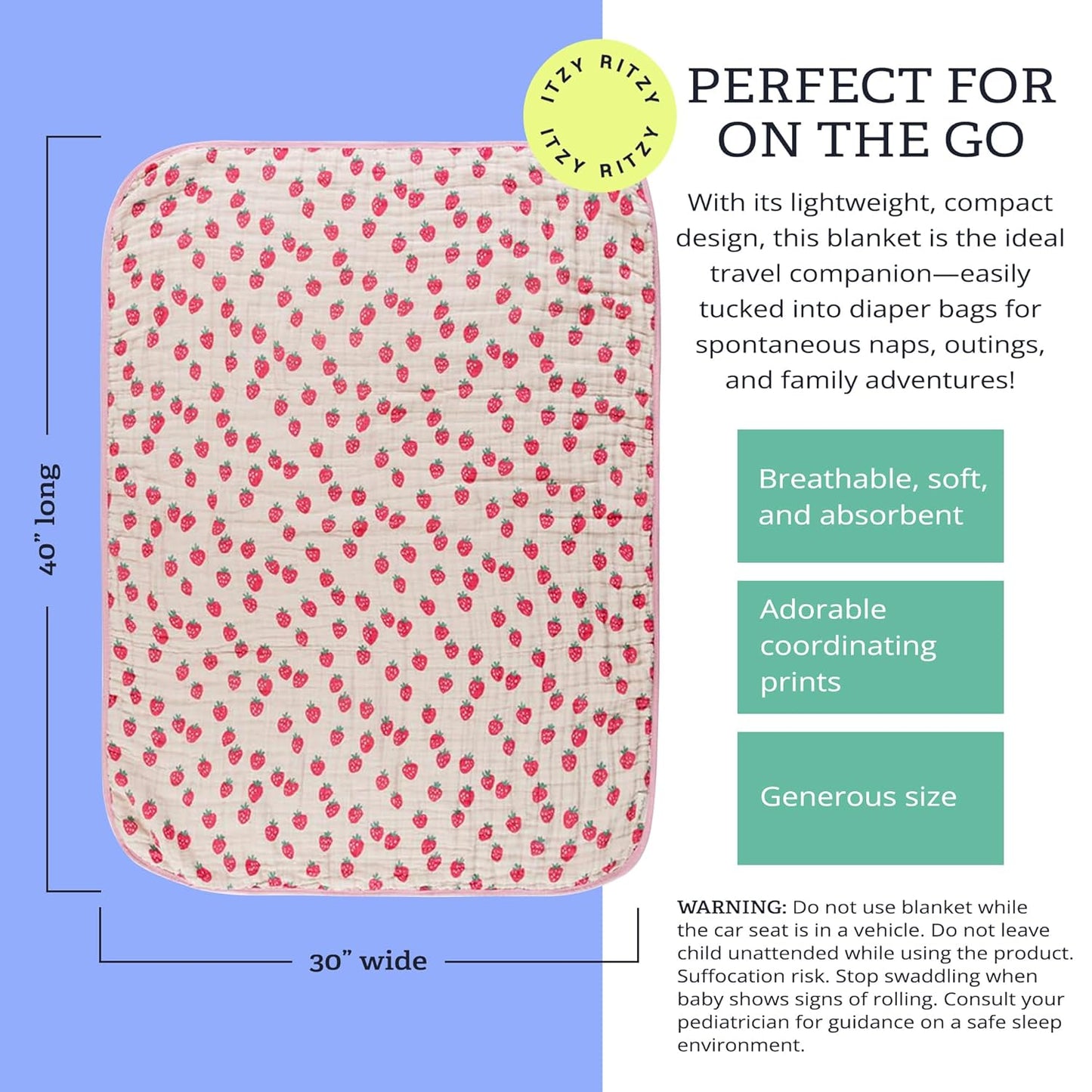 Itzy Ritzy Baby Blanket – Soft Cotton Muslin Multi-Use Blanket - Can Be Used as a Tummy Time Mat, Nursing Cover, Stroller Shade & More – Measures 30" x 40", Machine Washable (Strawberry)