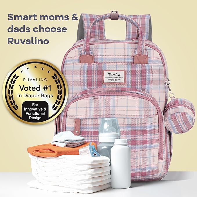 RUVALINO Diaper Bag Backpack, Multifunction Travel Pack Maternity Baby Changing Bags, Large Capacity, Waterproof, Pink Plaid