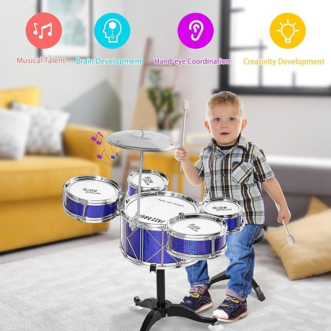 Tinylife Kids Drum Set, Toddlers Musical Toys Drum Kit with 5 Drums, Stool, Sticks and Cymbal Kids Musical Instruments Toy Set for 2 3 4 5 Year Old Boys Girls Gifts