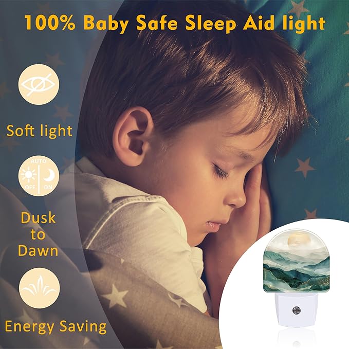Golden Mountains with Sun Night Light for Kids,Watercolor Sunrise Mountain Night Light Plug in with Dusk to Dawn Sensor,0.5w Energy Saving Nightlight for Hallway Stairway Kitchen Bedroom