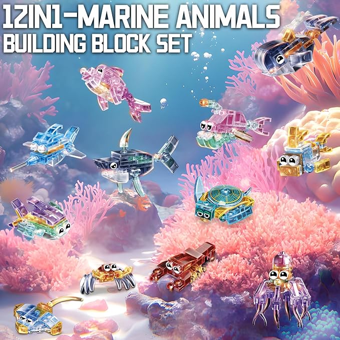 12 Piece Set of Marine Animal Building Blocks, Suitable for Goodie Bags, Stocking Stuffer, Classroom prizes, Birthday Gifts, Boys' and Girls' Toys 12 in one Building Block Set