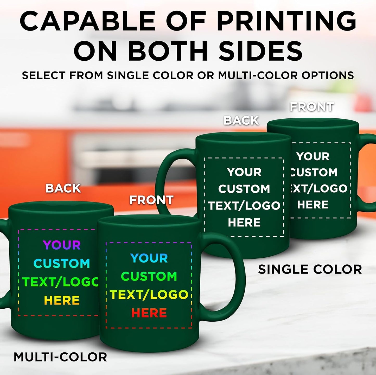 Custom Ceramic Coffee Mugs 11 oz. Set of 100, Personalized Bulk Pack - Coffee cup set, Iced coffee cup, Gaming mug - Green