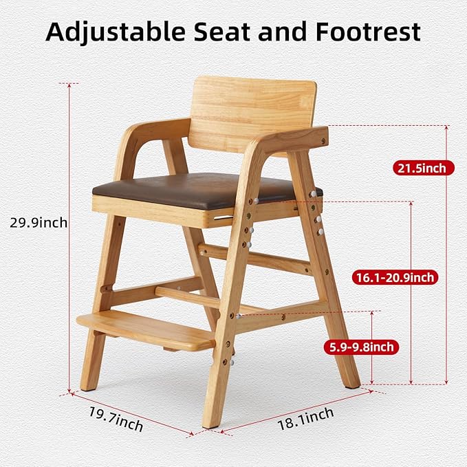 Solid Wood High Chair for Babies&Toddlers, Baby Highchair, Adjustable HighChair for Babies/Toddlers with Removable Cushion, Children Kids Dining Chair, Teens Study Chair with Steps (Natural)
