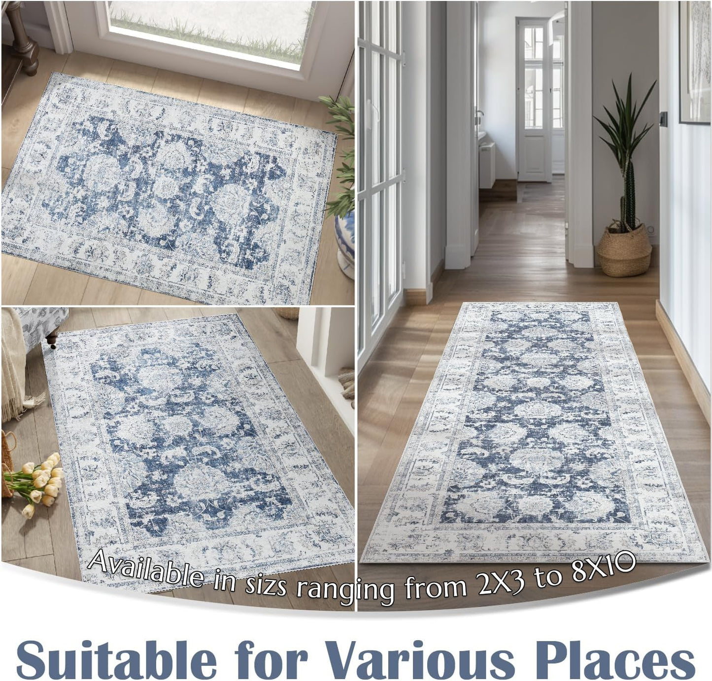 jinchan Runner Rug 2x6 Washable Hallway Runner - Vintage Floral Non Slip Low-Pile Soft Thin Kitchen Rug Distressed Carpet for Farmhouse Bedroom Entryway Laundry Room(2x6ft,Dark Blue)