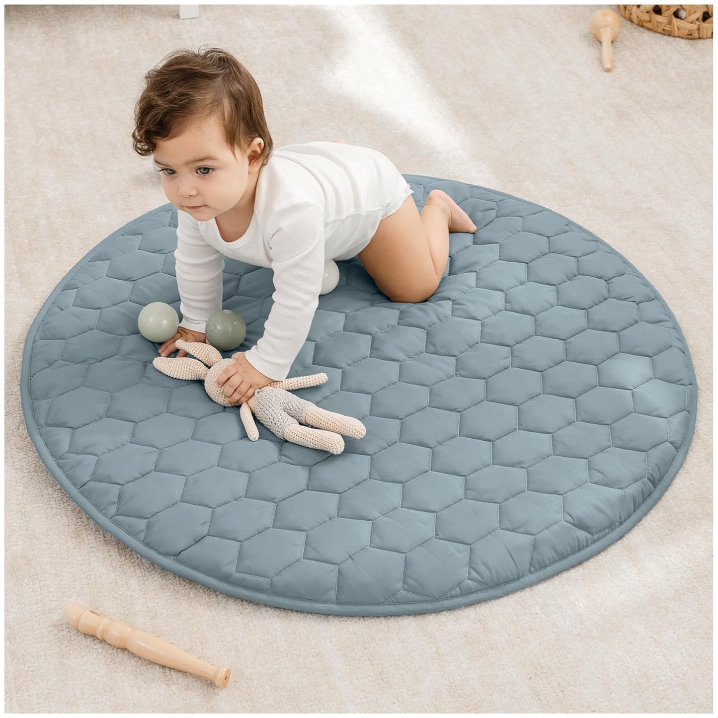 Comfy Cubs Round Kids Play Mat -Small 36 inches Soft Quilted Baby Floor Mat with Non-Slip Bottom - Plush Design for Toddlers' Playtime and Relaxation - Comfortable and Durable - Pacific Blue