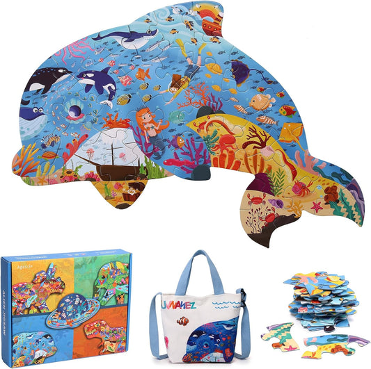 Floor Puzzle Suitable for Children Aged 3-10, Unique Large Irregular Animal Shaped Art Puzzle Suitable for Boys and Girls 36 Pieces Toys As Gifts for Children (Dolphin)