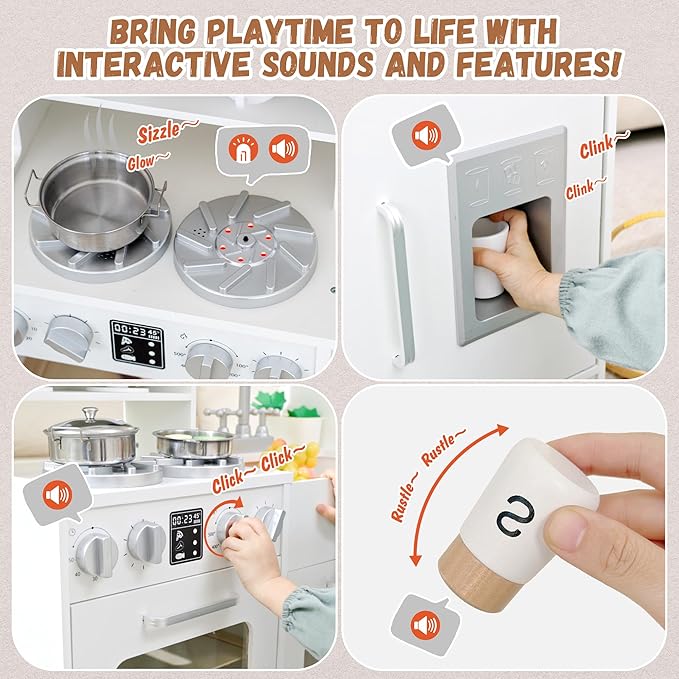 Wooden Play Kitchen for Toddlers and Kids with Lights & Sounds, Large Interactive Pretend Play Set with Ice Maker, Stove, Sink, Oven, 12 Accessories - Ages 3-8