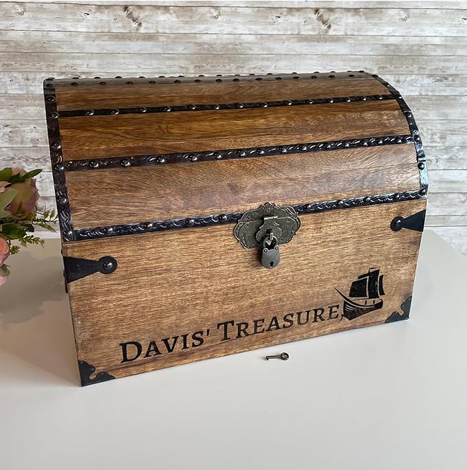 Nautical Cove Personalized Wood Treasure Chest - Pirate Chest with Custom Engraving (X-Large 16x12x12) – Decorative Storage Chest, Wooden Keepsake Box