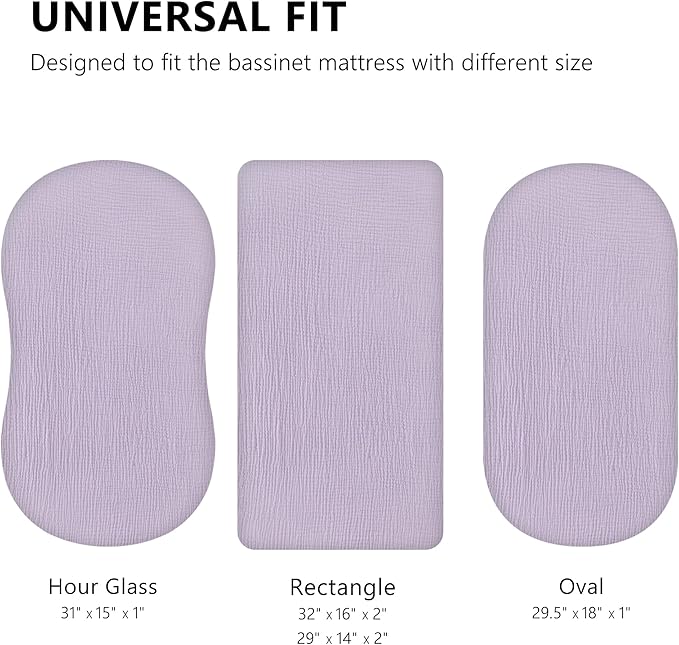 TILLYOU Muslin Bassinet Sheets Girls Boys, 100% Cotton Bassinet Sheets, Fit Oval, Rectangle and Square Mattress, 2 Pack，Light Purple&Light Pink