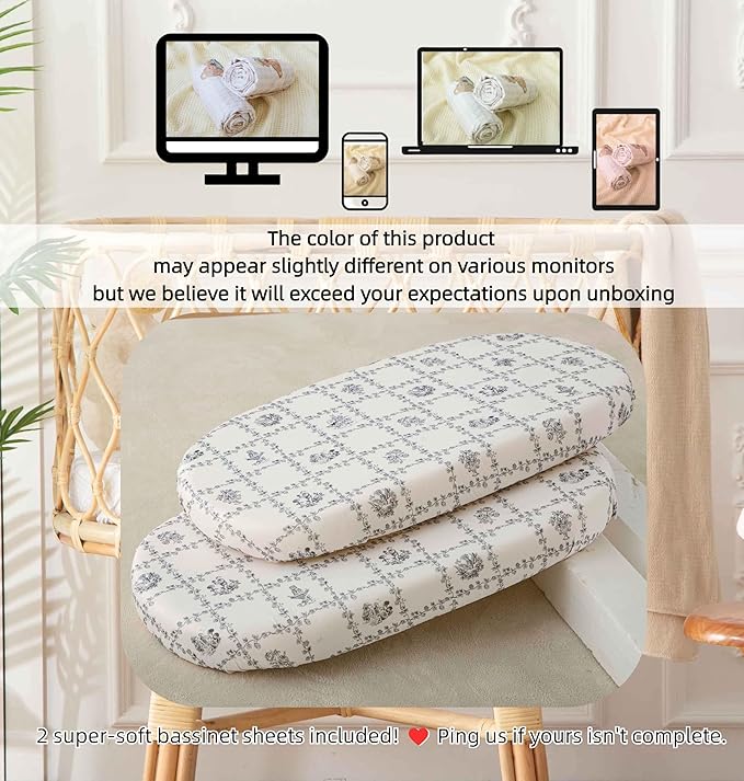 SDY Baby Bassinet Sheets,2pk Cozy Floral Bassinet Fitted Sheets for Baby Boys Girls 32 * 16 * 4 inches, Baby Sheets Fit for Hourglass Oval Cradle, Moses Basket Rectangle Mattress(Floral,Black)