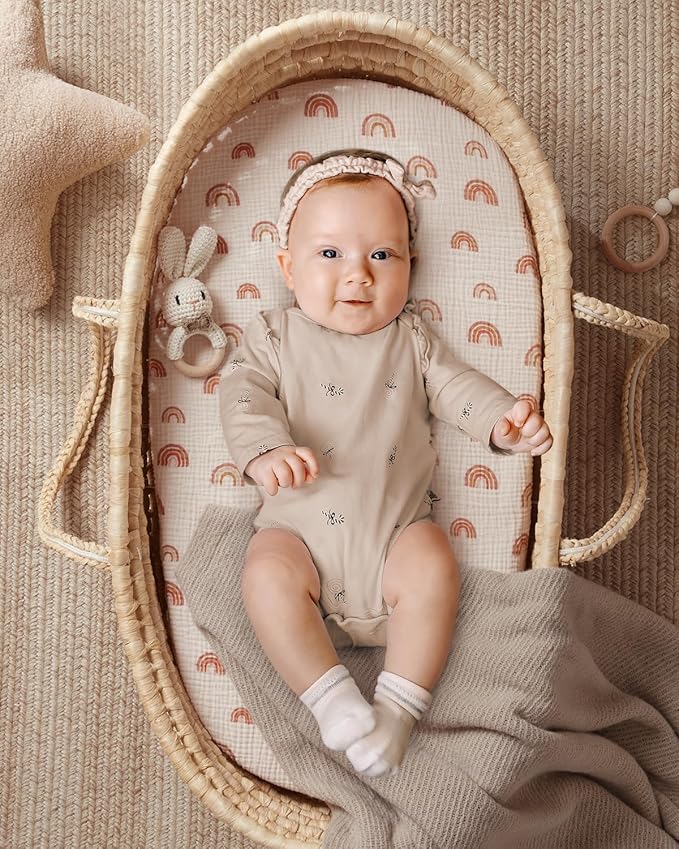 Blissful Diary Muslin Bassinet Sheets for Baby Girls Boys, Boho Soft Cotton Fitted for Oval Hourglass Rectangle Mattress, 2 Pack(Dusty Pink&Rainbow)