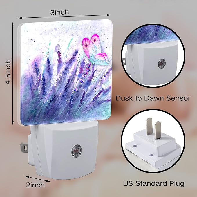 Lavender with Pink Butterfly Night Light for Kids, Watercolor Purple Meadow Floral Night Light Plug in with Dusk to Dawn Sensor, 0.5w Energy Saving Nightlight for Hallway Stairway Kitchen Bedroom