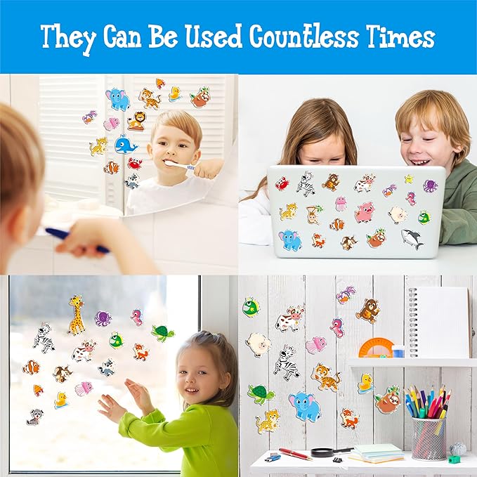 32PCS Animal Jelly Stickers, Farm/Marine/Wild Animals Thick Window Clings for Home, Classroom, Nursery, Removable Reusable Gel Cling Decals for Kids Toddlers Party Supplies Decorations (Not Edible)