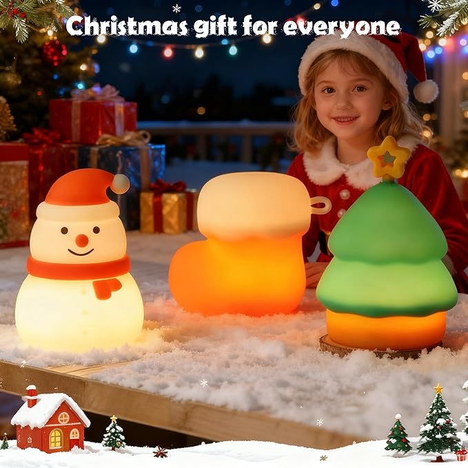 Christmas Night Light Set for kids,Rechargeable Dimmable Christmas Snowman Night Lamp,Cute Christmas Tree Decor Nightlight for Nursery Toddler Hangable Squishy Silicone Boot Lights Gifts Holiday Decor
