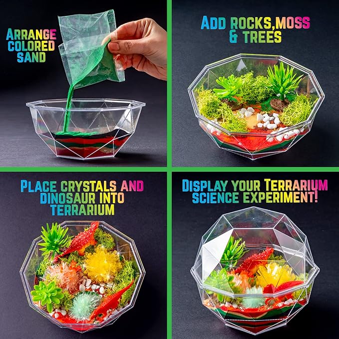 Original Stationery Dinosaur Crystal Growing Kit - Multicolor, 17-Piece, Ages 7 & Up - DIY Science Terrarium Kit with Moss & Dino Figures - Grow Your Own Crystals - Boys Birthday Gifts