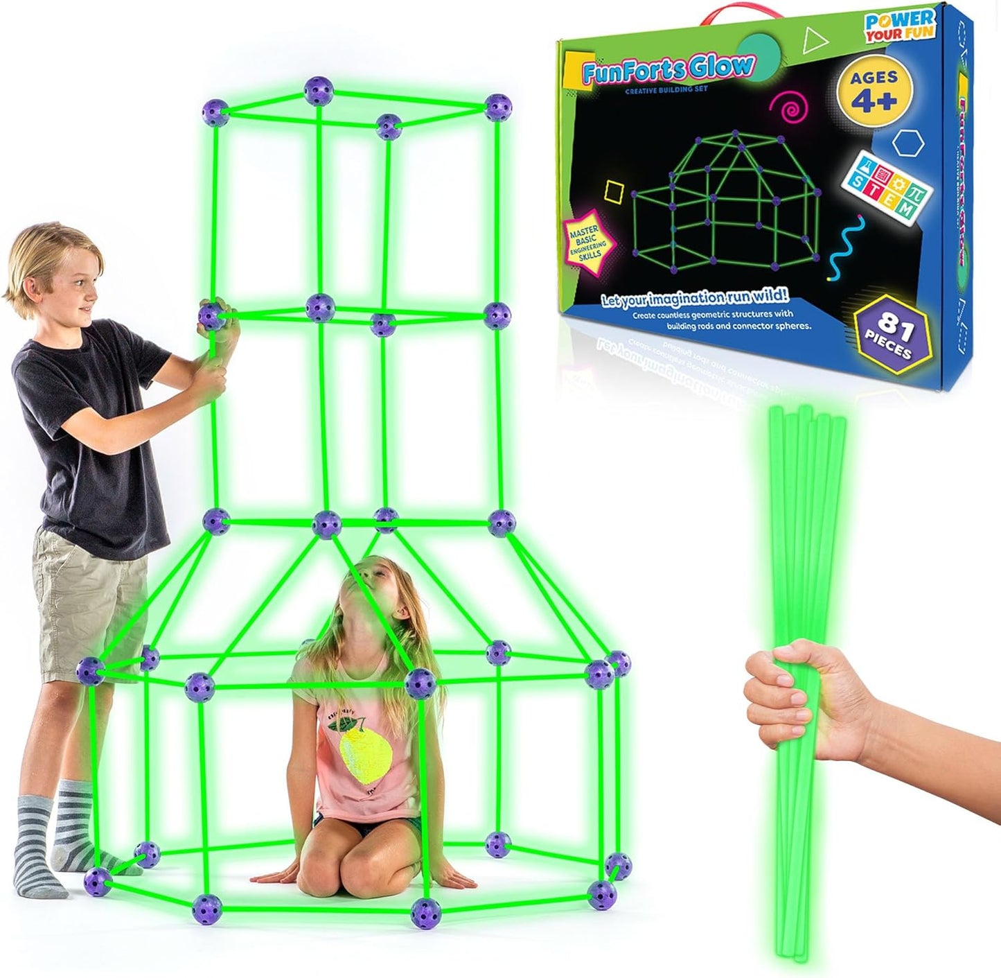 Fun Forts Glow Fort Building Kit for Kids - 81 Pack Glow in The Dark STEM Building Toys Indoor Outdoor Play Tent for Kids Construction Toys with 53 Rods and 28 Spheres