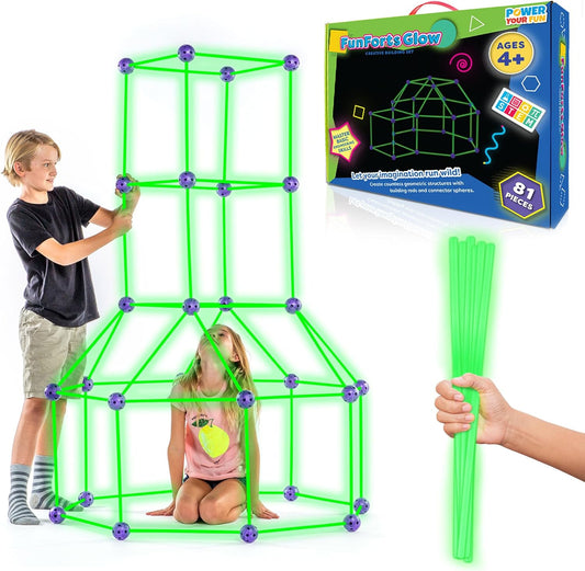 Fun Forts Glow Fort Building Kit for Kids - 81 Pack Glow in The Dark STEM Building Toys Indoor Outdoor Play Tent for Kids Construction Toys with 53 Rods and 28 Spheres