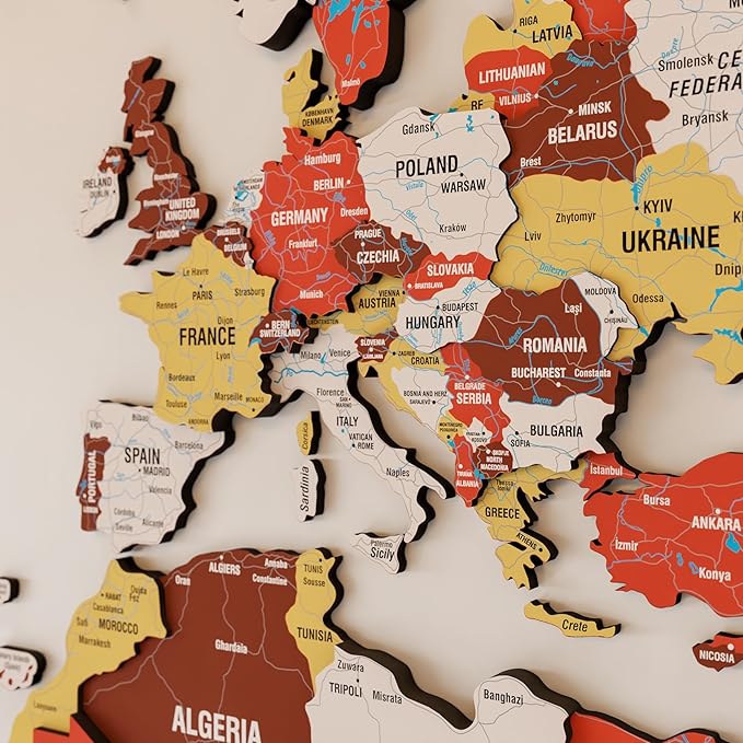 Colorfull Worlds 3D Wooden World Map Wall Art - Premium Multicolored World Travel Map for Wall Decor with Push Pins- Ideal Housewarming Gift & Travel Tracker (XLarge, Terracota)