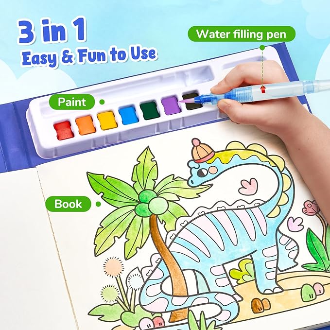 JoyCat Paint with Water Coloring Books, Art & Craft Activity, No Mess Art for Kids Ages 4-8, Craft Kits & Supplies, DIY Creative Activity, Presents for Girls & Boys (Dinosaurs)