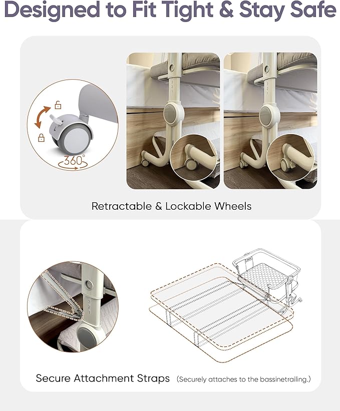 KRIDDO 2-in-1 Baby Bassinet for Infant, Bedside Bassinet with All-around Breathable Mesh, Lockable Wheels, Adjustable Height and Incline, Bedside Sleeper for Baby with Large Storage Basket, Light Grey