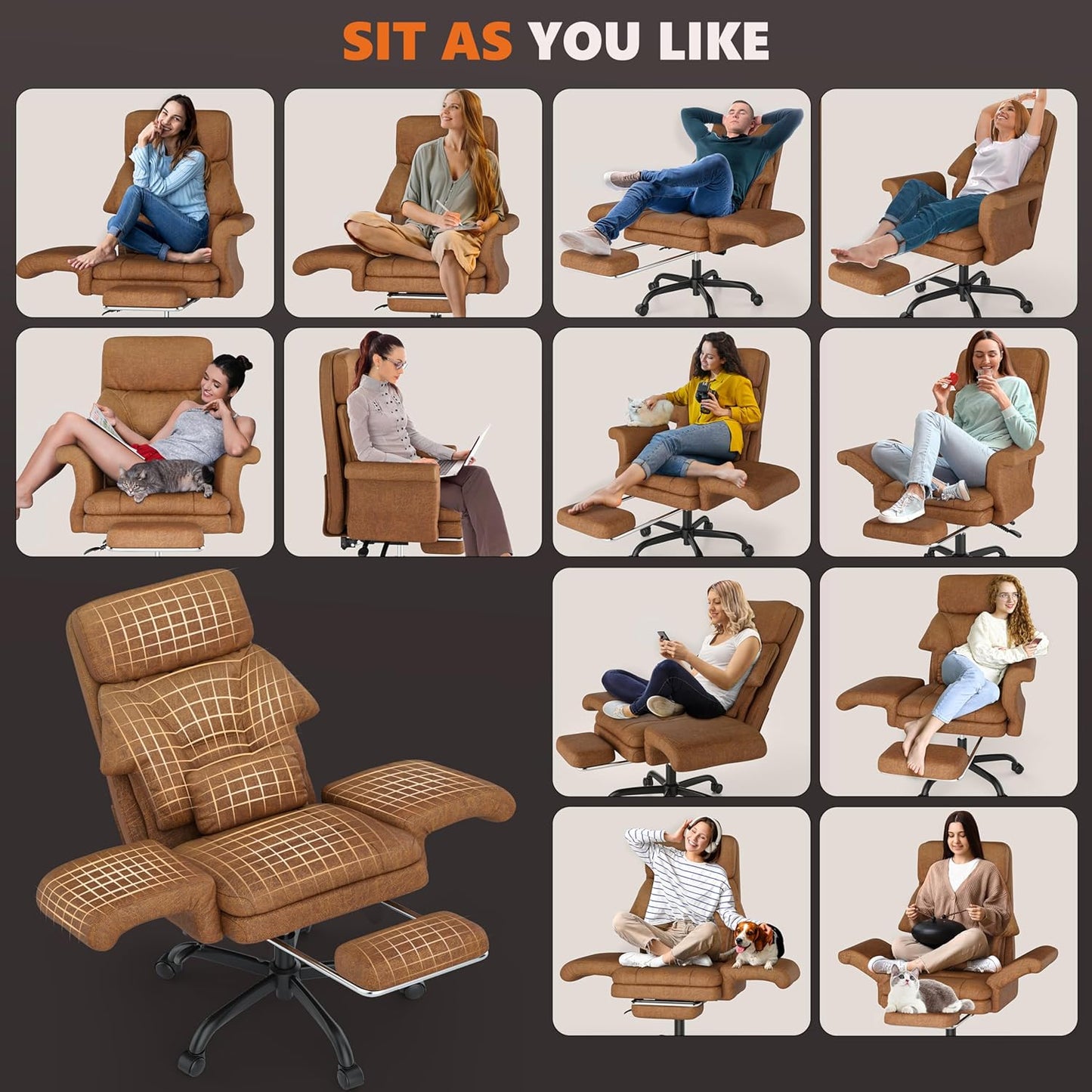 ELABEST C39 Cross Legged Office Chair with Footrest & Convertible Armrests - Pet-Friendly XL Home Desk Chair, Ergonomic Recliner with Lumbar Pillow, Criss Cross Design, Big and Tall Executive Chair