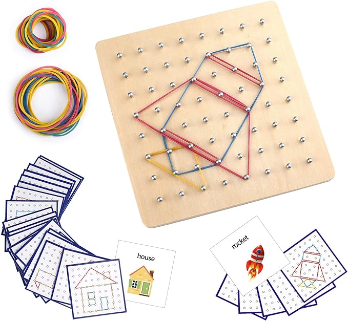 Thoth Montessori Wooden Geoboard Mathematical Manipulative Material Array Block Geo board with 36Pcs Pattern Cards and Rubber Bands Matrix 8x8 for Kids Graphical Educational Toys Early Development Toy