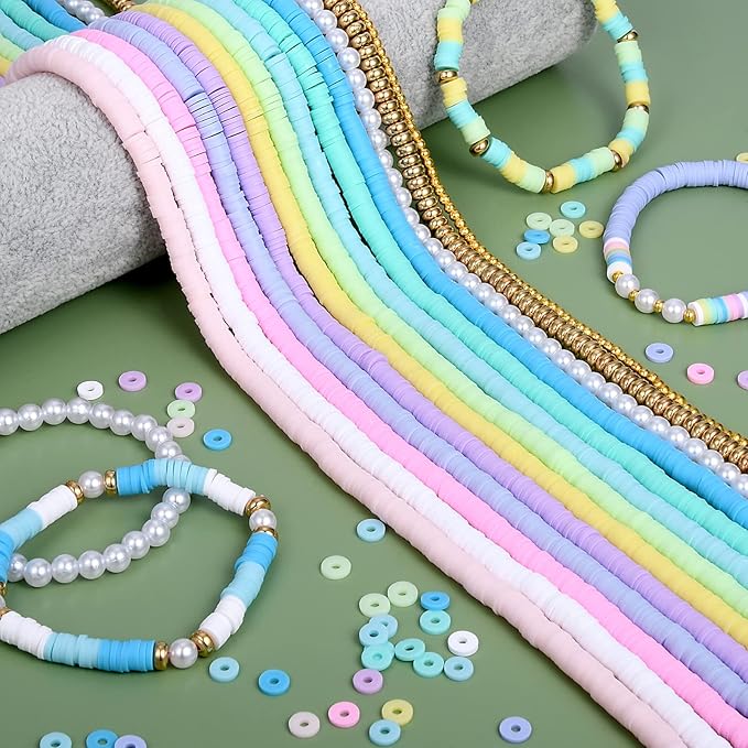 AceFun 3750PCS Clay Beads for Bracelets Making Polymer Clay Beads Kit with Pearl Beads Spacer Beads, Disc Heishi Beads Set for Jewelry Making Necklace Bracelet Earrings Finding, Macaroon Colors Mixed