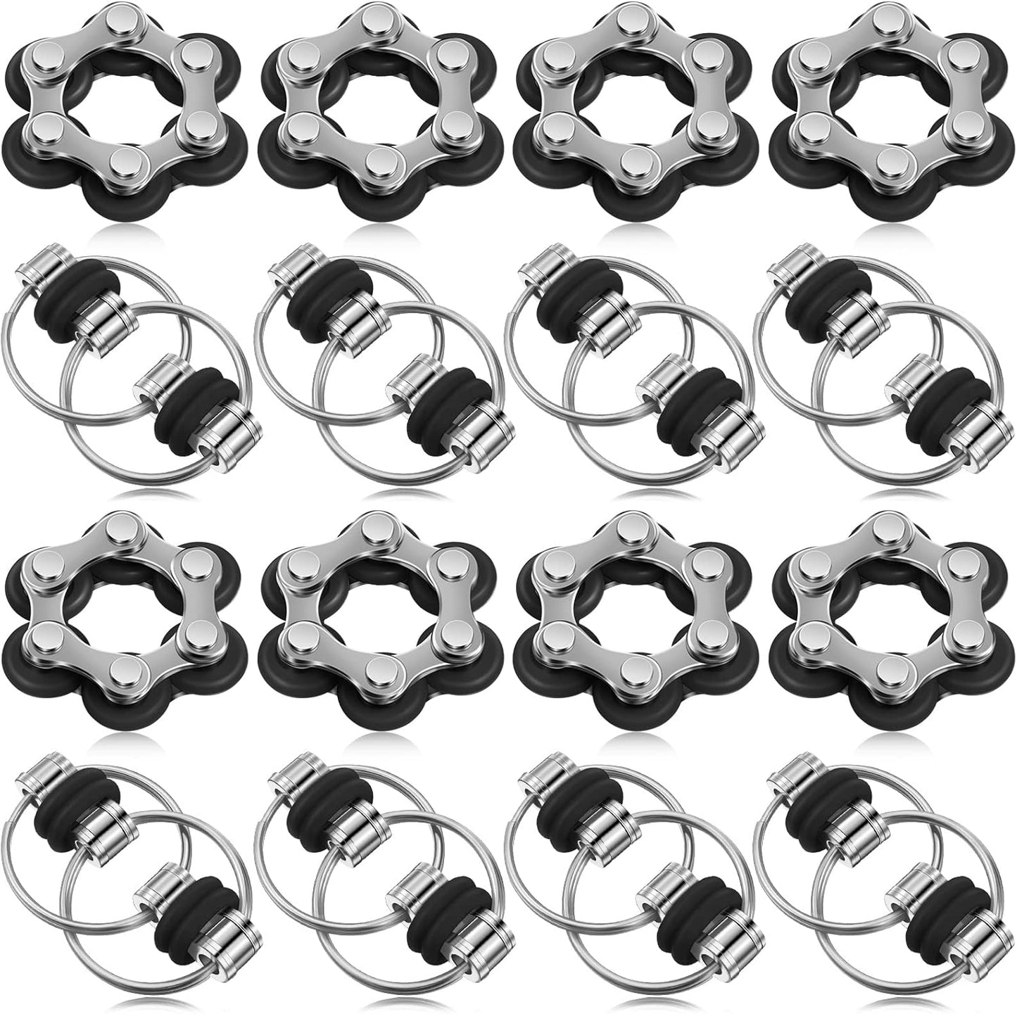 CHENGU 16 Pcs Fidget Toys Set Include 8 Six Roller Chain and 8 Key Flippy Chain Stress Reducer Bike Chain Toys Anxiety Relief Bike Chain for Teens Adults ADHD, Add, Autism (Black)