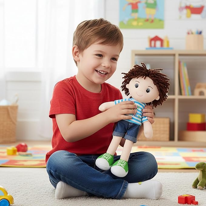 June Garden 14" Snuggle Cutie Benny – Best Big Brother Soft Plush Doll – Stuffed Boy Doll with Blue Striped Shirt and Green Shoes – Ideal Gift for Toddlers & Big Brother Celebrations - Blue M