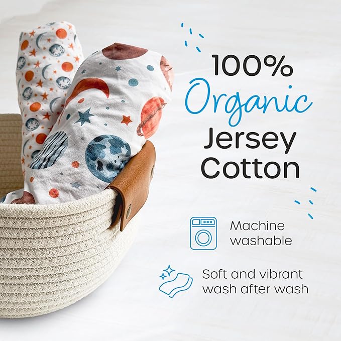 Quiggly Travel Crib Sheets for Guava Lotus, 2 Pack Organic Cotton Jersey Knit, Space, Planet & Star Patterns - Fits Travel Crib Mattress for Boys & Girls