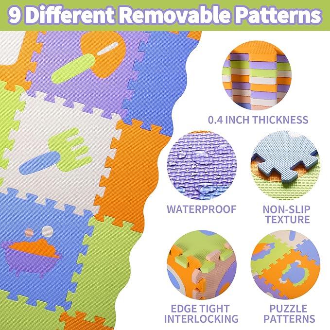 Coolcandy Baby Play Mat, 25Pcs Interlocking Puzzle Floor Mat, with Safety Fence - 0.4" Thick Non-Toxic EVA Foam Play Mat, for Infants & Toddlers 3-36 Months, Soft Puzzle Tiles for Play Areas
