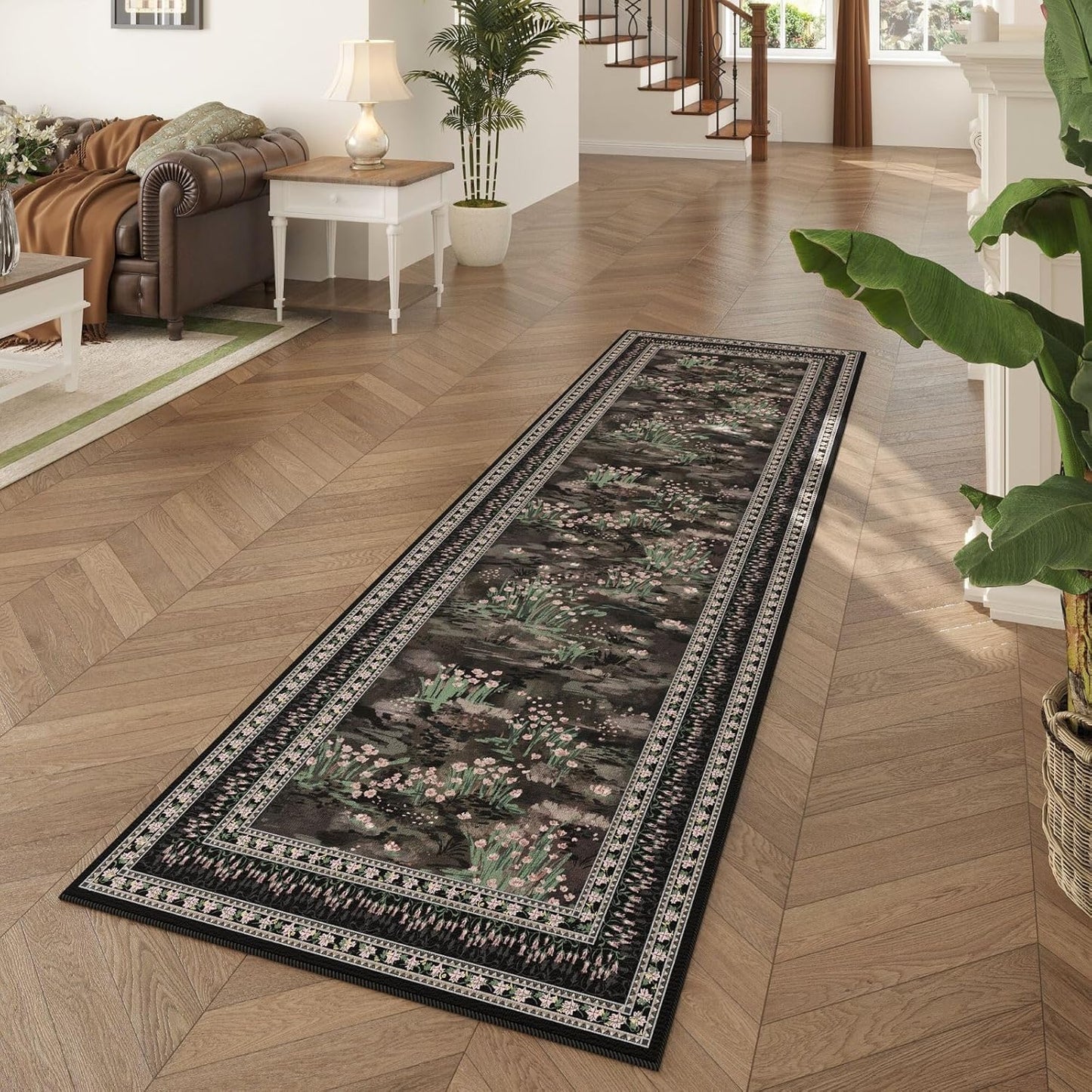 2x6 Runner Rug Impressionist-Style Vintage Kitchen Rugs Non Slip Washable Soft Carpet Runner for Kitchen Laundry Bedroom Bathroom, Black