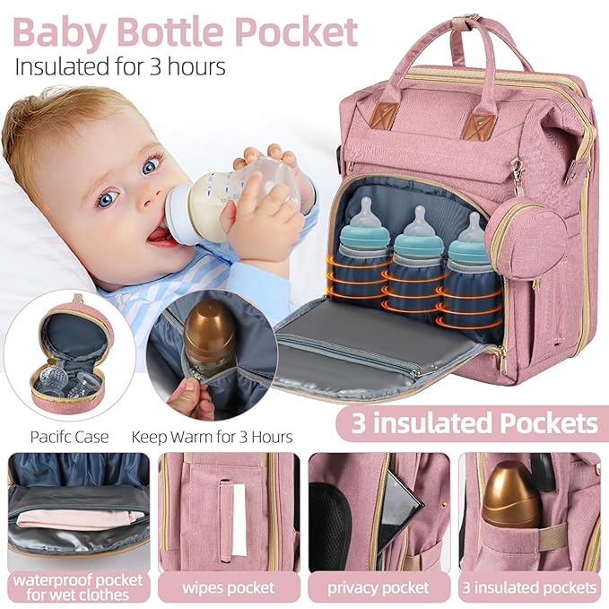Baby Diaper Bag Backpack,Baby Shower Gifts, Multifunctional Travel Diaper Bag, Gifts for Mom with Portable Diaper Pad,Pink