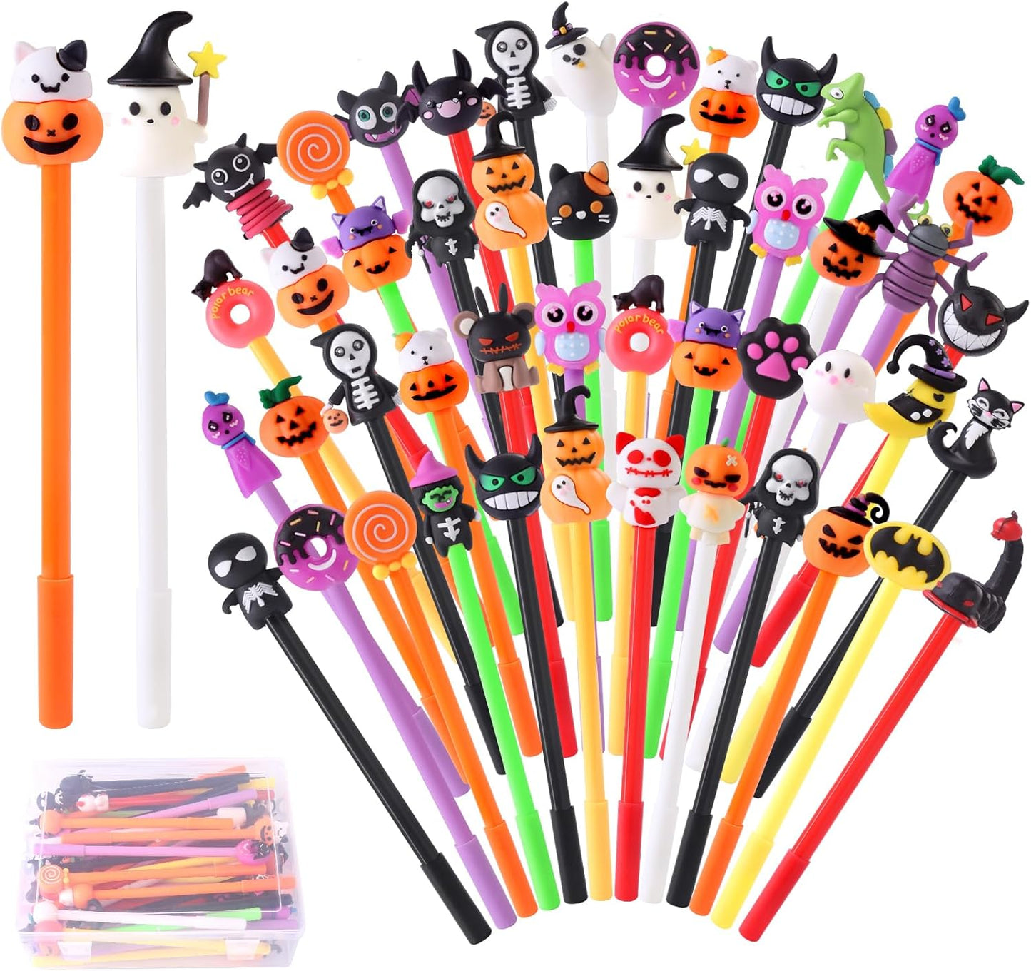 50pcs Halloween Gel Ink Pens,35 Styles Cute Cartoon Halloween Black Ink Pens for Kids Pumpkin Ghost Skull Bat Bulk Novelty Assorted Stationery for School Office Supplies Party Favors